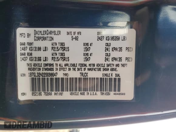 ✅ 2002 Dodge Dakota Sport • VIN: 1B7GL32N22S690647 • Lot: 86186245. Listed on Copart with Not provided. Free auction sales archive from the USA and detailed vehicle history report at DreamBid. Image 13.