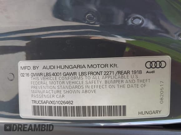 ✅ 2016 Audi TT 2.0T • VIN: TRUC5AFVXG1026462 • Lot: 43278247. Listed on IAAI with 63,003 mi. Free auction sales archive from the USA and detailed vehicle history report at DreamBid. Image 9.
