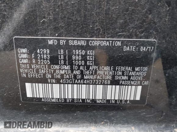 ✅ 2017 Subaru Impreza • VIN: 4S3GTAA64H3732768 • Lot: 43308542. Listed on IAAI with 115,332 mi. Free auction sales archive from the USA and detailed vehicle history report at DreamBid. Image 9.