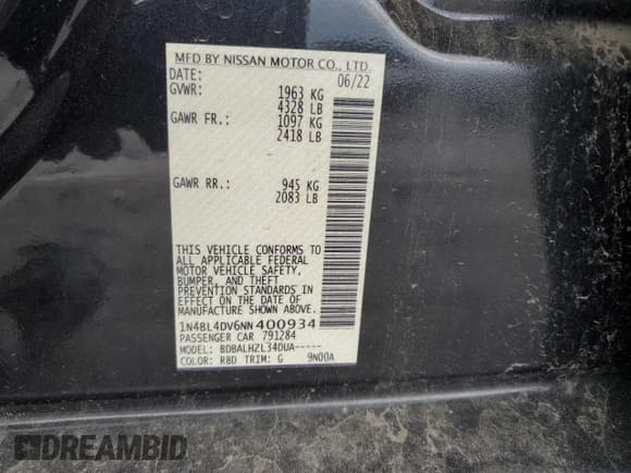 ✅ 2022 Nissan Altima SV • VIN: 1N4BL4DV6NN400934 • Lot: 57292335. Wystawiony na Copart z przebiegiem 54 317 mil. Bezpłatny archiwum sprzedaży aukcyjnych z USA i szczegółowy raport historii pojazdu na DreamBid. Zdjęcie 13.