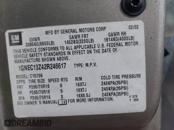 2002 Chevrolet Tahoe LS with VIN 1GNEC13Z42R246617, listed as a IAAI auction lot 42675524 with 306,596 mi miles and . Bid and sale history available at DreamBid. Image 9.