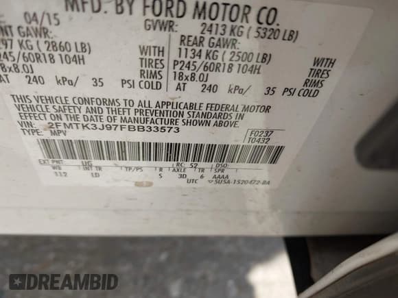 ✅ 2015 Ford Edge SEL • VIN: 2FMTK3J97FBB33573 • Lot: 43454610. Listed on IAAI with 170,791 mi. Free auction sales archive from the USA and detailed vehicle history report at DreamBid. Image 9.