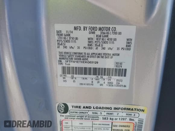 ✅ 2014 Ford F-150 XL • VIN: 1FTFW1ETXEKG03129 • Lot: 42909900. Listed on IAAI with Not provided. Free auction sales archive from the USA and detailed vehicle history report at DreamBid. Image 9.