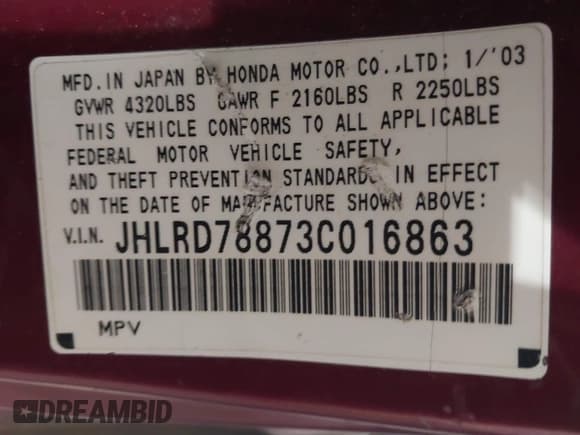 ✅ 2003 Honda CR-V EX • VIN: JHLRD78873C016863 • Lot: 43797626. Wystawiony na IAAI z przebiegiem 229 166 mil. Bezpłatny archiwum sprzedaży aukcyjnych z USA i szczegółowy raport historii pojazdu na DreamBid. Zdjęcie 9.
