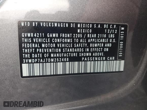 ✅ 2013 Volkswagen Jetta SE • VIN: 3VWDP7AJ7DM252468 • Lot: 86126825. Listed on Copart with 110,822 mi. Free auction sales archive from the USA and detailed vehicle history report at DreamBid. Image 12.