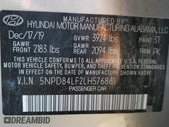 ✅ 2020 Hyundai Elantra Limited • VIN: 5NPD84LF2LH576861 • Lot: 63098725. Listed on Copart with 103,312 mi. Free auction sales archive from the USA and detailed vehicle history report at DreamBid. Image 12.