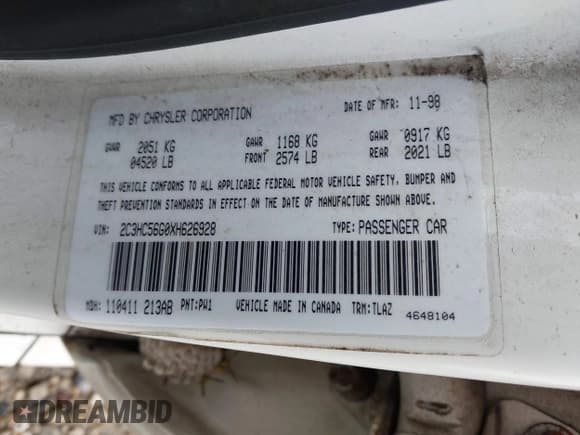 ✅ 1999 Chrysler LHS • VIN: 2C3HC56G0XH626928 • Lot: 42988849. Listed on IAAI with 68,956 mi. Free auction sales archive from the USA and detailed vehicle history report at DreamBid. Image 9.