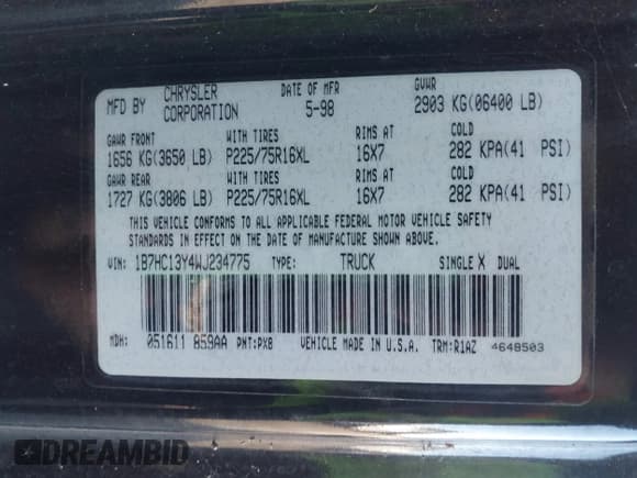 ✅ 1998 Dodge 1500 • VIN: 1B7HC13Y4WJ234775 • Lot: 43584201. Wystawiony na IAAI z przebiegiem 128 542 mil. Bezpłatny archiwum sprzedaży aukcyjnych z USA i szczegółowy raport historii pojazdu na DreamBid. Zdjęcie 9.
