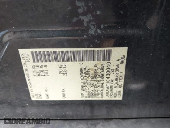 ✅ 2017 Nissan Maxima S • VIN: 1N4AA6AP1HC430040 • Lot: 42052959. Listed on IAAI with Not provided. Free auction sales archive from the USA and detailed vehicle history report at DreamBid. Image 9.