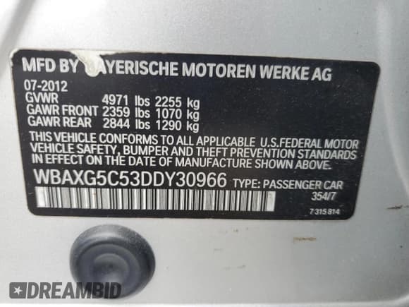 ✅ 2013 BMW 5 Series 528i • VIN: WBAXG5C53DDY30966 • Lot: 67057975. Listed on Copart with 78,942 mi. Free auction sales archive from the USA and detailed vehicle history report at DreamBid. Image 13.