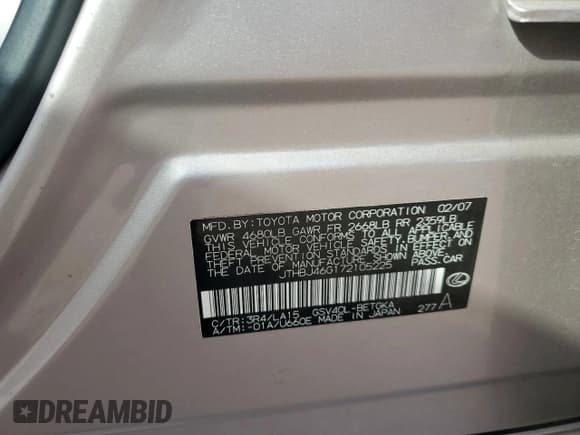 ✅ 2007 Lexus ES 330 • VIN: JTHBJ46G172105225 • Lot: 92798135. Listed on Copart with 146,549 mi. Free auction sales archive from the USA and detailed vehicle history report at DreamBid. Image 12.