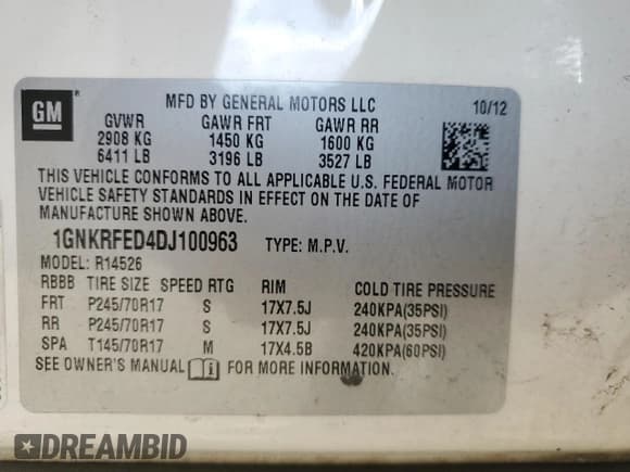 ✅ 2013 Chevrolet Traverse LS • VIN: 1GNKRFED4DJ100963 • Lot: 73661914. Wystawiony na Copart z przebiegiem 260 986 mil. Bezpłatny archiwum sprzedaży aukcyjnych z USA i szczegółowy raport historii pojazdu na DreamBid. Zdjęcie 12.