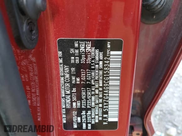 ✅ 2012 Hyundai Santa Fe GLS • VIN: 5XYZG4AG9CG158342 • Lot: 83406464. Listed on Copart with 99,493 mi. Free auction sales archive from the USA and detailed vehicle history report at DreamBid. Image 13.