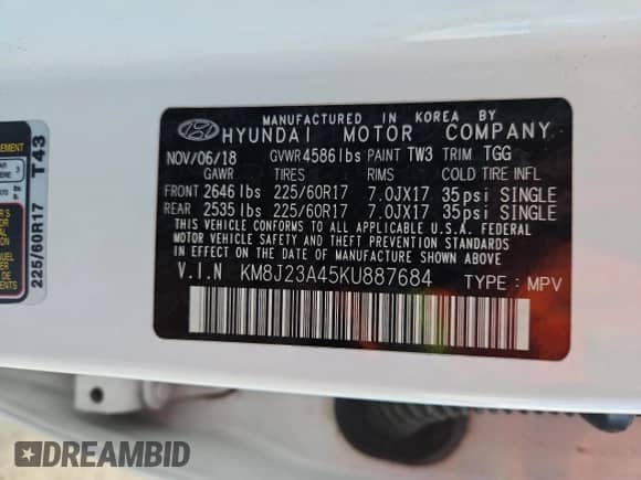 2019 Hyundai Tucson SE with VIN KM8J23A45KU887684, listed as a Copart auction lot 89449705 with 82,722 mi miles and Clean title. Bid and sale history available at DreamBid. Image 12.