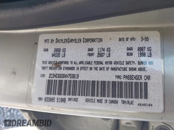 ✅ 1999 Chrysler 300M M • VIN: 2C3HE66G8XH753619 • Lot: 41806073. Listed on IAAI with 159,092 mi. Free auction sales archive from the USA and detailed vehicle history report at DreamBid. Image 9.