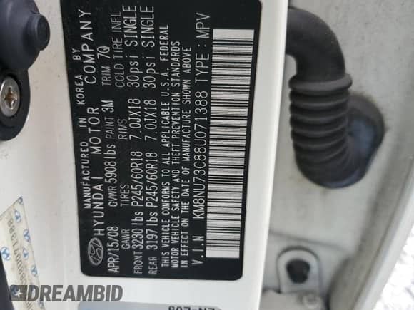 2008 Hyundai Veracruz GLS z VIN KM8NU73C88U071388, wystawiony jako Copart lot #76528614 z przebiegiem 145 063 mil mil oraz Szkoda całkowita • Salvage title. Historia ofert i sprzedaży dostępna na DreamBid. Obrazek 15.