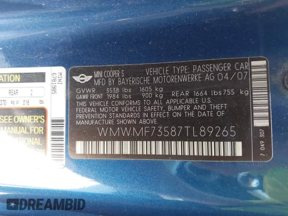✅ 2007 MINI Hardtop S • VIN: WMWMF73587TL89265 • Lot: 42577421. Listed on IAAI with 70,960 mi. Free auction sales archive from the USA and detailed vehicle history report at DreamBid. Image 9.