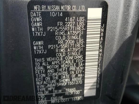 ✅ 2015 Nissan Juke SL • VIN: JN8AF5MV0FT551370 • Lot: 60225875. Listed on Copart with 121,239 mi. Free auction sales archive from the USA and detailed vehicle history report at DreamBid. Image 12.