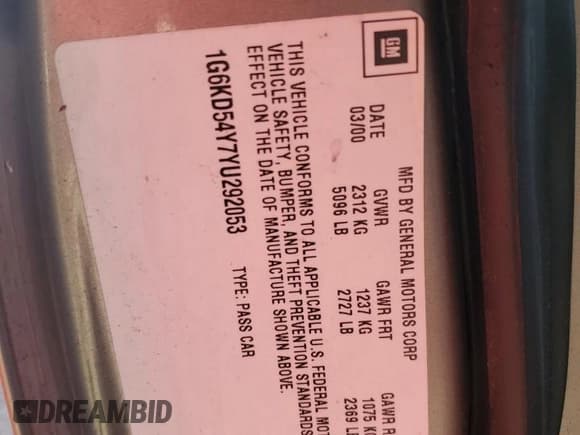 ✅ 2000 Cadillac DeVille • VIN: 1G6KD54Y7YU292053 • Lot: 77121214. Listed on Copart with Not provided. Free auction sales archive from the USA and detailed vehicle history report at DreamBid. Image 13.