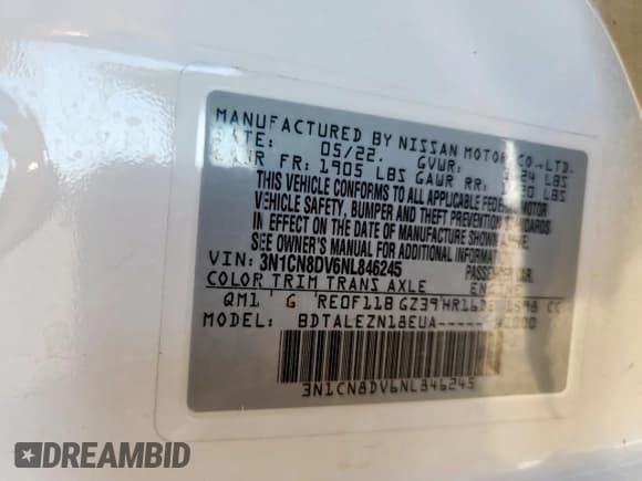 ✅ 2022 Nissan Versa S • VIN: 3N1CN8DV6NL846245 • Lot: 90716395. Wystawiony na Copart z przebiegiem Nie podano. Bezpłatny archiwum sprzedaży aukcyjnych z USA i szczegółowy raport historii pojazdu na DreamBid. Zdjęcie 12.