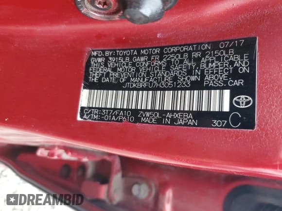 ✅ 2017 Toyota Prius Two • VIN: JTDKBRFU7H3051233 • Lot: 93188975. Listed on Copart with 157,047 mi. Free auction sales archive from the USA and detailed vehicle history report at DreamBid. Image 12.