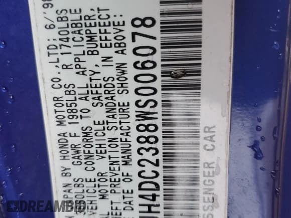 ✅ 1998 Acura Integra GS-R • VIN: JH4DC2388WS006078 • Лот: 81984734. Опубликован ранее на Copart с пробегом 153 761 миль. Бесплатный доступ к архиву аукционных продаж из США и подробный отчёт об истории автомобиля на DreamBid. Изображение 13.