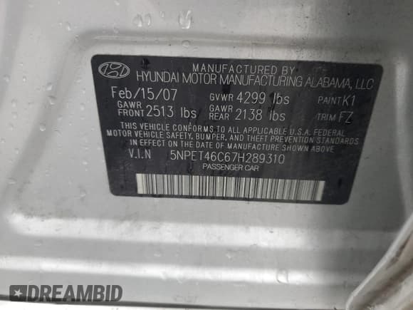 ✅ 2007 Hyundai Sonata GLS • VIN: 5NPET46C67H289310 • Лот: 80427634. Опубликован ранее на Copart с пробегом 135 763 миль. Бесплатный доступ к архиву аукционных продаж из США и подробный отчёт об истории автомобиля на DreamBid. Изображение 12.