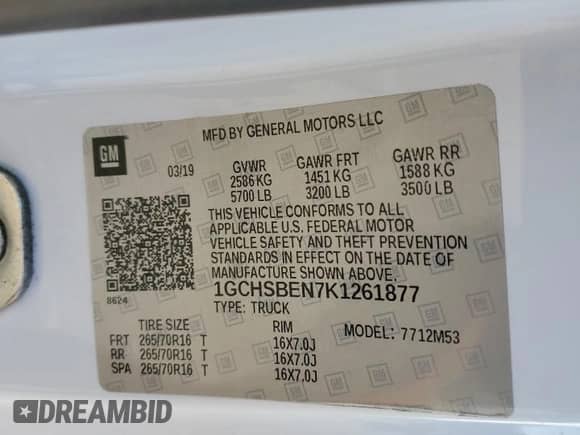 2019 Chevrolet Colorado 2WD Work Truck с VIN 1GCHSBEN7K1261877, выставлен на аукционе Copart как лот 47198105 с пробегом 133 253 миль миль и Списание • Salvage title. История ставок и продаж доступна на DreamBid. Изображение 12.