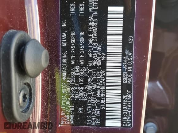 ✅ 2019 Toyota Highlander LE • VIN: 5TDBZRFH1KS747526 • Лот: 87188005. Опубликован ранее на Copart с пробегом 58 480 миль. Бесплатный доступ к архиву аукционных продаж из США и подробный отчёт об истории автомобиля на DreamBid. Изображение 14.