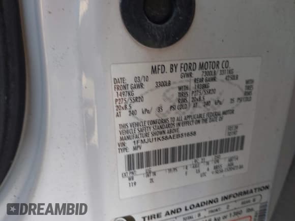 ✅ 2010 Ford Expedition Limited • VIN: 1FMJU1K58AEB51658 • Lot: 43467869. Listed on IAAI with 229,688 mi. Free auction sales archive from the USA and detailed vehicle history report at DreamBid. Image 9.