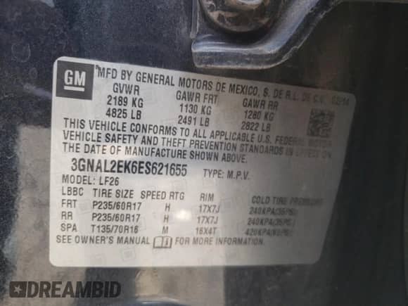 2014 Chevrolet Captiva Sport LS with VIN 3GNAL2EK6ES621655, listed as a Copart auction lot 87269035 with 106,332 mi miles and Salvage title. Bid and sale history available at DreamBid. Image 14.