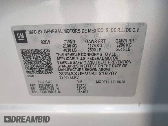 2019 Chevrolet Equinox LT with VIN 3GNAXUEV1KL319707, listed as a IAAI auction lot 43344734 with 57,212 mi miles and . Bid and sale history available at DreamBid. Image 9.