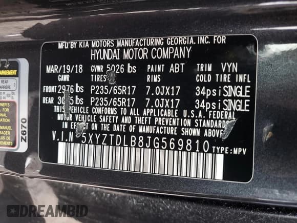 ✅ 2018 Hyundai Santa Fe 2.4L • VIN: 5XYZTDLB8JG569810 • Лот: 67123594. Опубликован ранее на Copart с пробегом 110 374 миль. Бесплатный доступ к архиву аукционных продаж из США и подробный отчёт об истории автомобиля на DreamBid. Изображение 16.