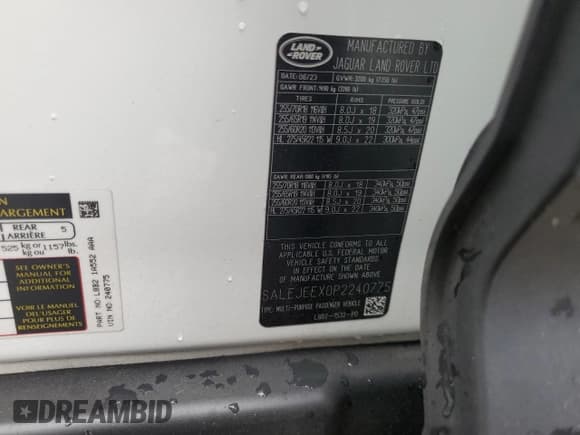 ✅ 2023 Land Rover Defender S • VIN: SALEJEEX0P2240775 • Lot: 68329795. Listed on Copart with 27,923 mi. Free auction sales archive from the USA and detailed vehicle history report at DreamBid. Image 14.