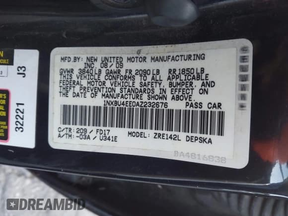 ✅ 2010 Toyota Corolla • VIN: 1NXBU4EE0AZ232676 • Lot: 43900713. Listed on IAAI with 113,121 mi. Free auction sales archive from the USA and detailed vehicle history report at DreamBid. Image 9.
