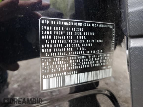 ✅ 2022 Volkswagen Tiguan SE • VIN: 3VV3B7AXXNM142485 • Lot: 85783475. Listed on Copart with 71,127 mi. Free auction sales archive from the USA and detailed vehicle history report at DreamBid. Image 13.