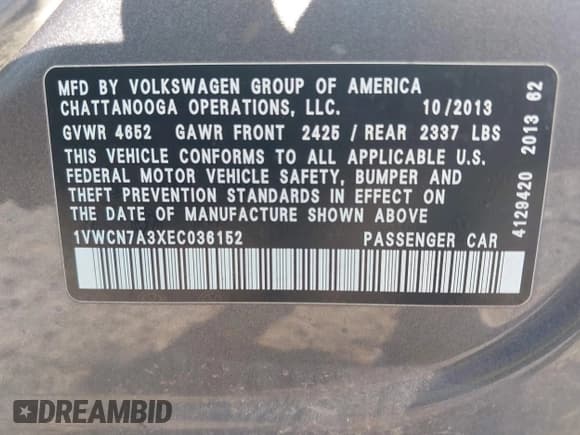 ✅ 2014 Volkswagen Passat SEL Premium • VIN: 1VWCN7A3XEC036152 • Lot: 43135954. Listed on IAAI with 163,747 mi. Free auction sales archive from the USA and detailed vehicle history report at DreamBid. Image 9.