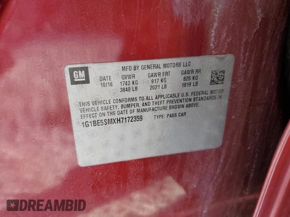 ✅ 2017 Chevrolet Cruze LT • VIN: 1G1BE5SMXH7172359 • Лот: 71752512. Опубликован ранее на Copart с пробегом 73 628 миль. Бесплатный доступ к архиву аукционных продаж из США и подробный отчёт об истории автомобиля на DreamBid. Изображение 12.