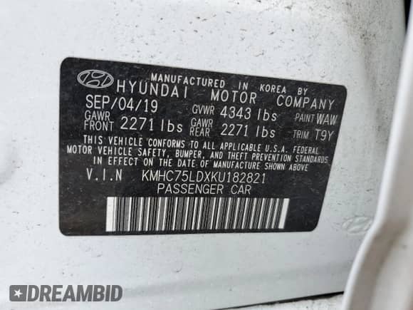 2019 Hyundai Ioniq Limited с VIN KMHC75LDXKU182821, выставлен на аукционе Copart как лот 58330184 с пробегом 49 726 миль миль и Списание • Salvage title. История ставок и продаж доступна на DreamBid. Изображение 12.