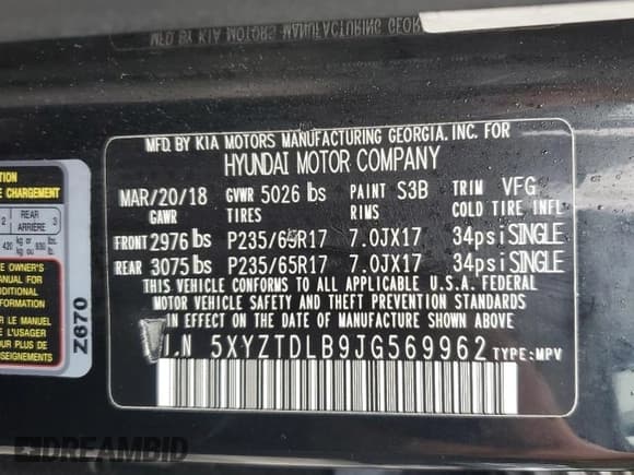 ✅ 2018 Hyundai Santa Fe 2.4L • VIN: 5XYZTDLB9JG569962 • Лот: 66455414. Опубликован ранее на Copart с пробегом 100 231 миль. Бесплатный доступ к архиву аукционных продаж из США и подробный отчёт об истории автомобиля на DreamBid. Изображение 15.