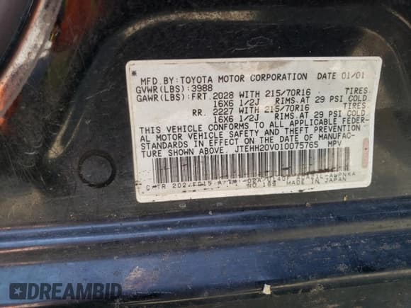 ✅ 2001 Toyota RAV4 • VIN: JTEHH20V010075765 • Lot: 58959485. Listed on Copart with 118,687 mi. Free auction sales archive from the USA and detailed vehicle history report at DreamBid. Image 13.