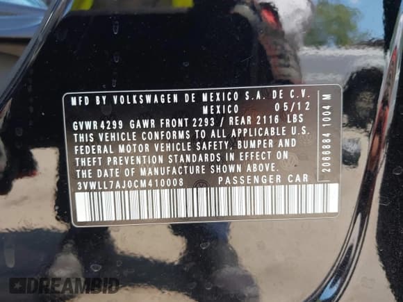 ✅ 2012 Volkswagen Jetta TDI w/Premium & Nav • VIN: 3VWLL7AJ0CM410008 • Lot: 43011566. Listed on IAAI with 207,018 mi. Free auction sales archive from the USA and detailed vehicle history report at DreamBid. Image 9.