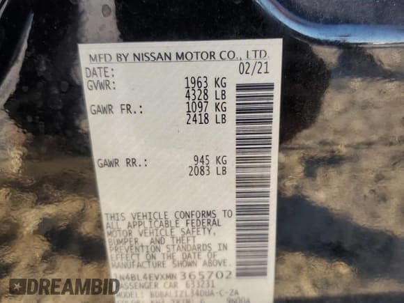 ✅ 2021 Nissan Altima SL • VIN: 1N4BL4EVXMN365702 • Lot: 82710105. Listed on Copart with 60,906 mi. Free auction sales archive from the USA and detailed vehicle history report at DreamBid. Image 13.