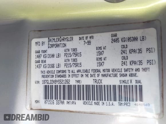 ✅ 2000 Dodge Dakota • VIN: 1B7GL22X9YS521262 • Lot: 41635416. Wystawiony na IAAI z przebiegiem 403 083 mil. Bezpłatny archiwum sprzedaży aukcyjnych z USA i szczegółowy raport historii pojazdu na DreamBid. Zdjęcie 9.