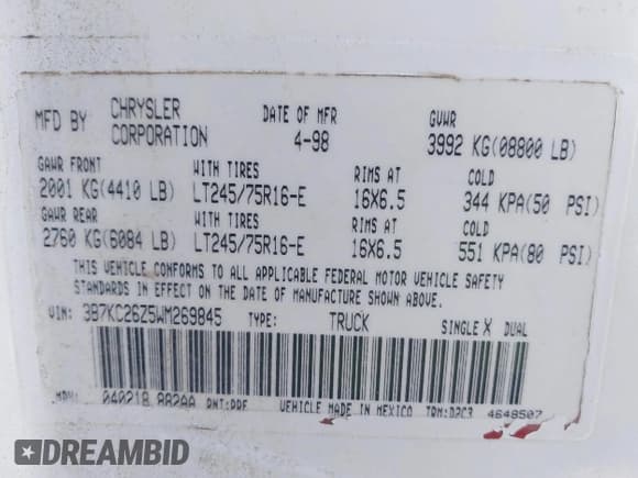 ✅ 1998 Dodge 2500 • VIN: 3B7KC26Z5WM269845 • Lot: 43726084. Listed on IAAI with 82,633 mi. Free auction sales archive from the USA and detailed vehicle history report at DreamBid. Image 9.