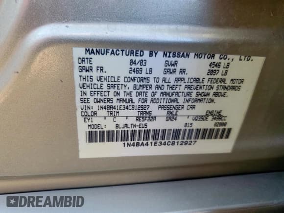 ✅ 2004 Nissan Maxima SE • VIN: 1N4BA41E34C812927 • Lot: 84872495. Listed on Copart with 122,885 mi. Free auction sales archive from the USA and detailed vehicle history report at DreamBid. Image 12.