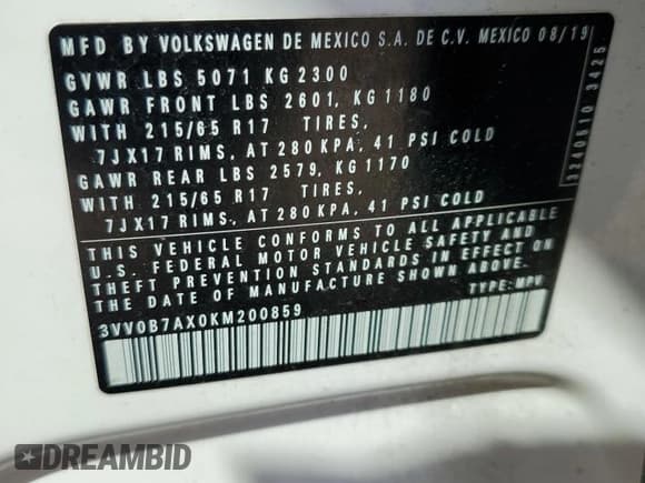 ✅ 2019 Volkswagen Tiguan S • VIN: 3VV0B7AX0KM200859 • Lot: 53995675. Listed on Copart with 71,737 mi. Free auction sales archive from the USA and detailed vehicle history report at DreamBid. Image 13.