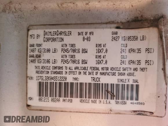 2004 Dodge Dakota Sport z VIN 1D7GL32K04S512220, wystawiony jako Copart lot #68127325 z przebiegiem 268 638 mil mil oraz Szkoda całkowita • Salvage title. Historia ofert i sprzedaży dostępna na DreamBid. Obrazek 13.