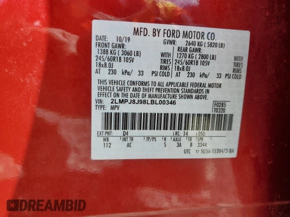 ✅ 2020 Lincoln Nautilus Standard • VIN: 2LMPJ8J98LBL00346 • Lot: 67943884. Listed on Copart with 46,143 mi. Free auction sales archive from the USA and detailed vehicle history report at DreamBid. Image 14.