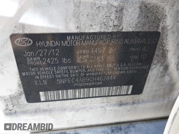 ✅ 2012 Hyundai Sonata Limited • VIN: 5NPEC4AB9CH462844 • Lot: 43175949. Listed on IAAI with 148,842 mi. Free auction sales archive from the USA and detailed vehicle history report at DreamBid. Image 9.